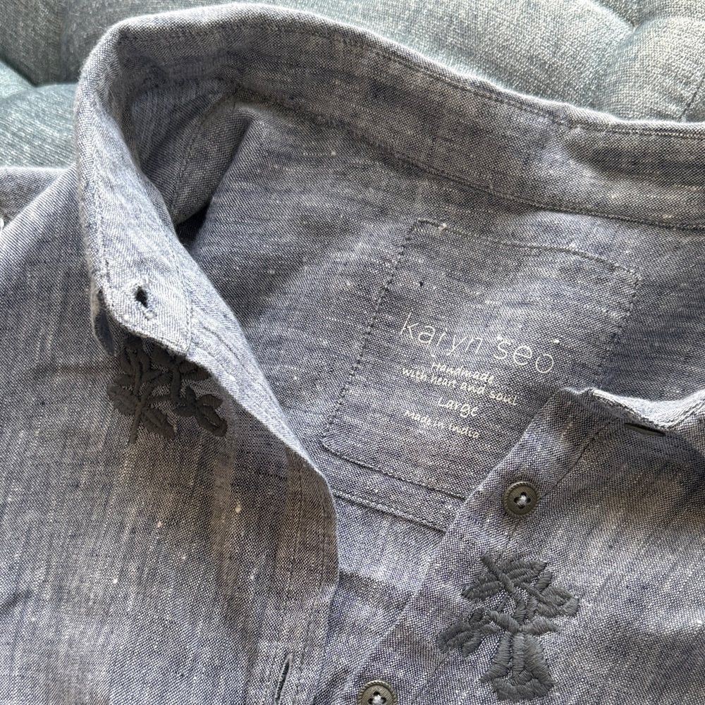 Karyn Seo Linen 100% denim colored embroidered Shirt size L large